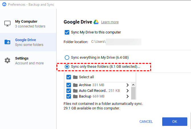 google drive sync folders only